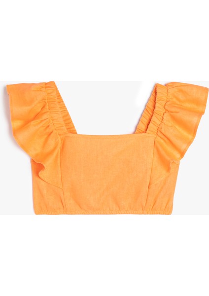 Keten Crop Bluz Kelebek Kollu Kare Yaka