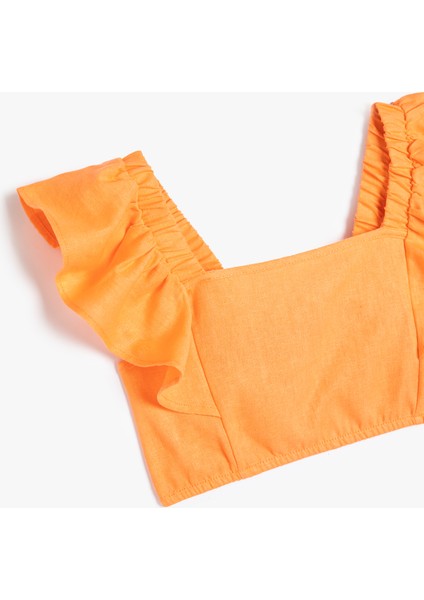 Keten Crop Bluz Kelebek Kollu Kare Yaka modelleri