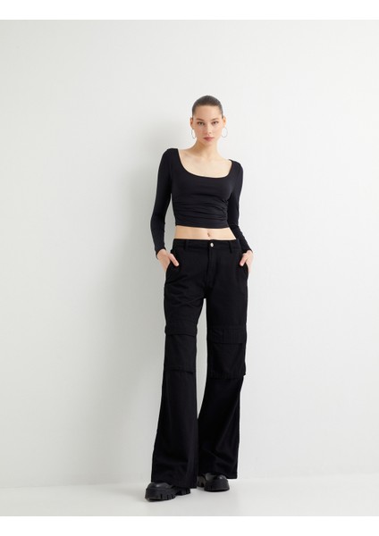 Uzun Kollu Crop Tişört U Yaka Drape Detaylı