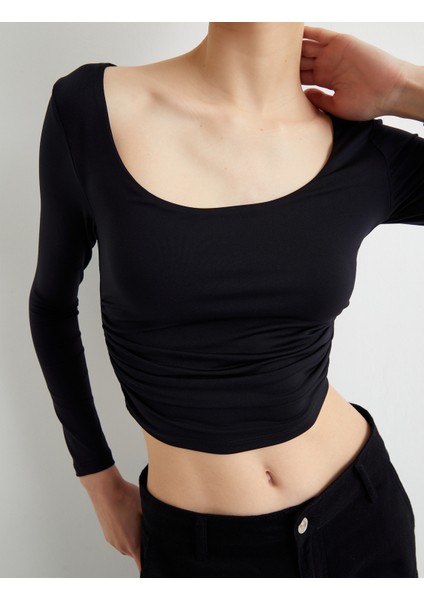Uzun Kollu Crop Tişört U Yaka Drape Detaylı