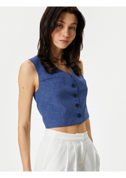 Crop Yelek V Yaka Düğmeli Fleto Cepli
