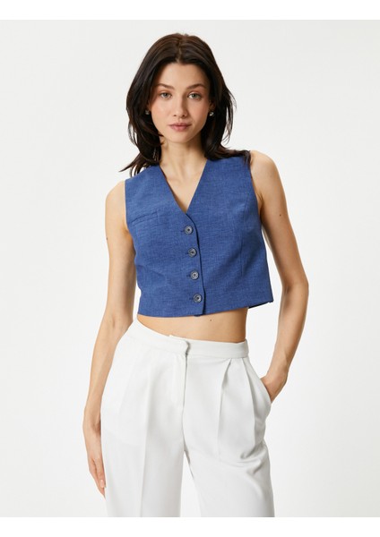 Crop Yelek V Yaka Düğmeli Fleto Cepli modelleri