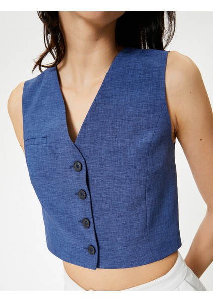 Crop Yelek V Yaka Düğmeli Fleto Cepli indirimleri