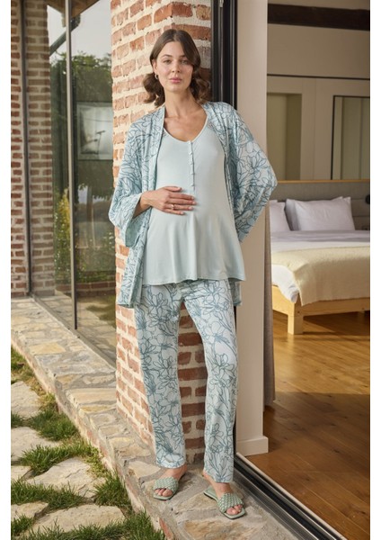 24093 Hamile Lohusa Sabahlıklı Pijama Takım-Yeşil modelleri