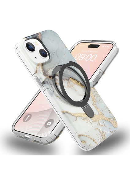 iPhone 15 Plus Manyetik Mermer Desen Pc+Tpu Telefon Kılıfı (Yurt Dışından)