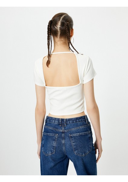 Sırt Dekolteli Tişört Crop Kısa Kollu Fitilli Slim Fit
