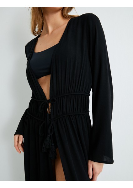 Uzun Kimono Plaj Elbisesi Bağlama Detaylı Viskoz Kumaş indirimleri