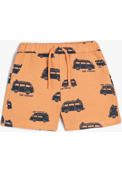 Şort Dokulu Araba Baskılı Beli Bağlamalı Cepli Pamuklu