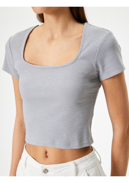Sırt Dekolteli Tişört Crop Kısa Kollu Fitilli Slim Fit