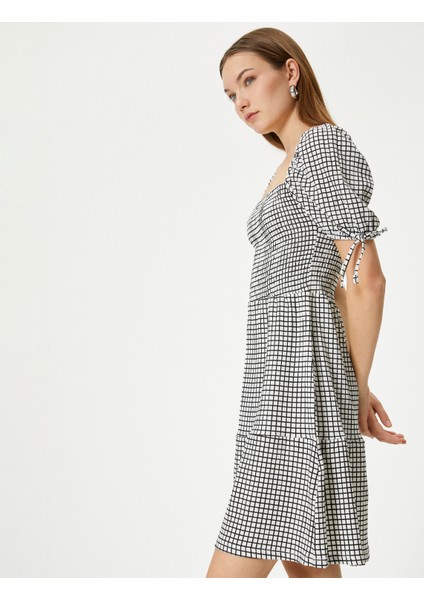 Balon Kol Elbise Mini Boy Kare Yaka Kısa Kollu