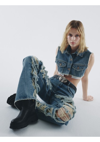 Çok Yıpratmalı Kot Pantolon Düz Paça Cepli Pamuklu - Nora Straight Jeans fiyatları