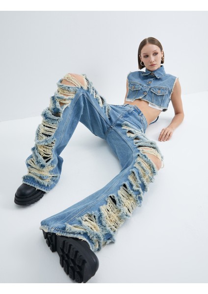 Çok Yıpratmalı Kot Pantolon Düz Paça Cepli Pamuklu - Nora Straight Jeans modelleri