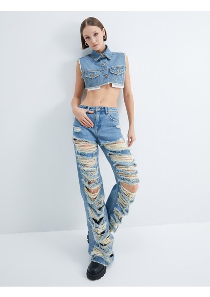 Çok Yıpratmalı Kot Pantolon Düz Paça Cepli Pamuklu - Nora Straight Jeans fırsatları