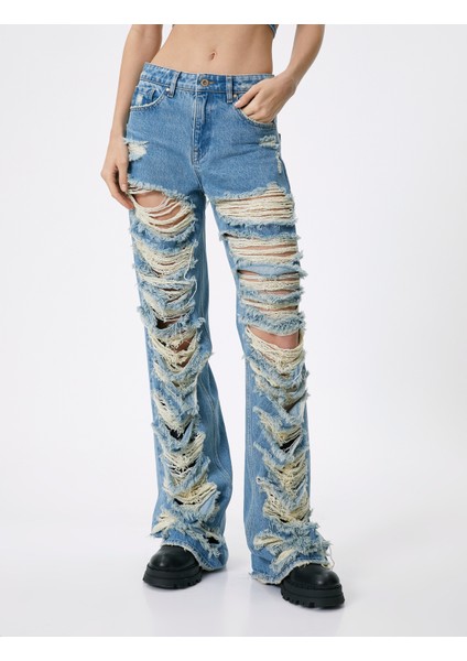 Çok Yıpratmalı Kot Pantolon Düz Paça Cepli Pamuklu - Nora Straight Jeans indirimleri
