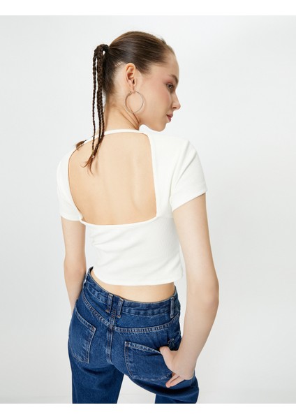 Sırt Dekolteli Tişört Crop Kısa Kollu Fitilli Slim Fit