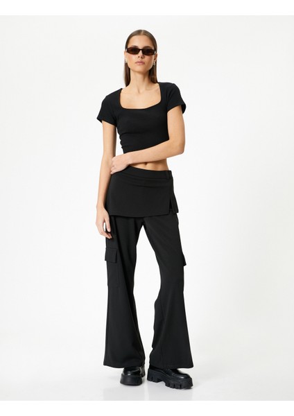 Sırt Dekolteli Tişört Crop Kısa Kollu Fitilli Slim Fit