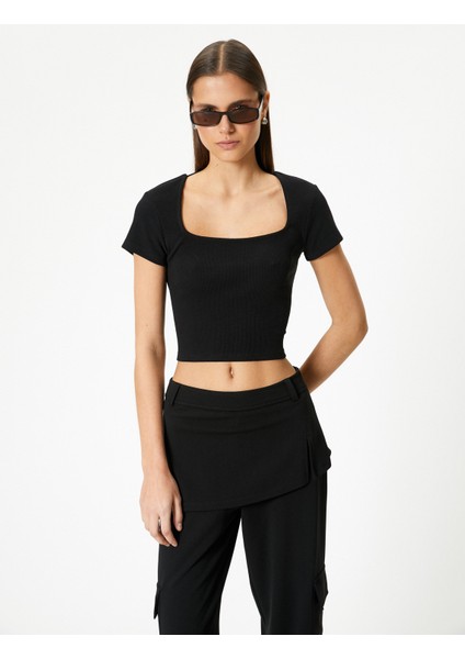 Sırt Dekolteli Tişört Crop Kısa Kollu Fitilli Slim Fit