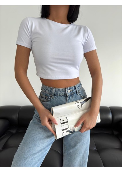 Kadın Crop Bisiklet Yaka Örme T-Shirt