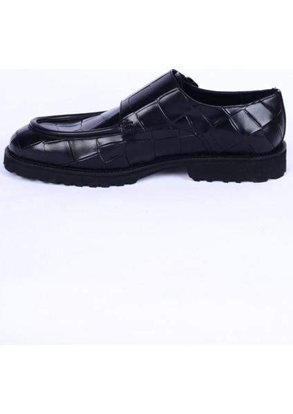 1202 Deri Desenli Taban Bağcıksız Yandan Kemer Detaylı Siyah Günlük Erkek Ayakkabı modelleri