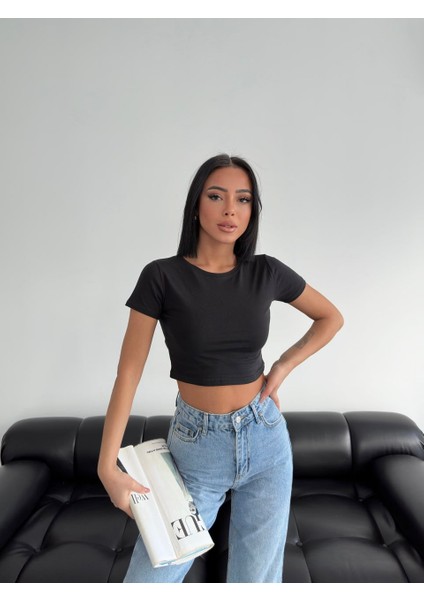 Kadın Crop Bisiklet Yaka Örme T-Shirt