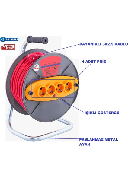 Seyyar Kablo Makaralı Uzatma Kablosu Grup Priz 3x2.5