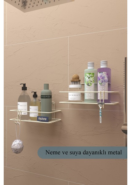 Yapışkanlı 2’li Banyo Rafı Duvara Monte Mutfak Rafı Paslanmaz Kancalı Duş Şampuan Organizer