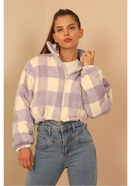 Ekose Desenli Fermuarlı Oduncu Crop Mont