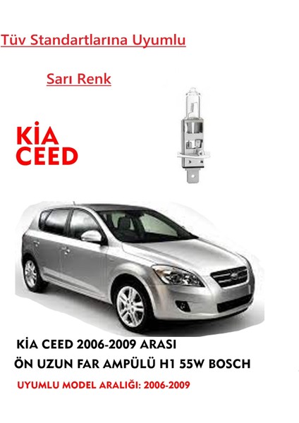 Kia Ceed 2006-2009 Arası Uyumlu Ön Uzun Far Ampülü Sarı 55W