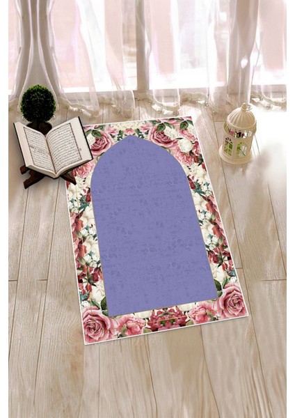 Dijital Baskılı Yıkanabilir Çiçekli Hediyelik Namazlık Seccade 70X130CM, Seccade-24-Mor,
