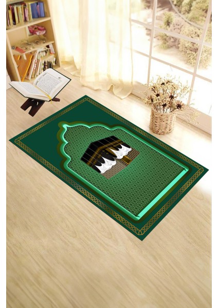 Dijital Baskılı Kabe Motifli Yıkanabilir Motifli 70X130 Namazlık Seccade, Seccade-04-Yeşil,
