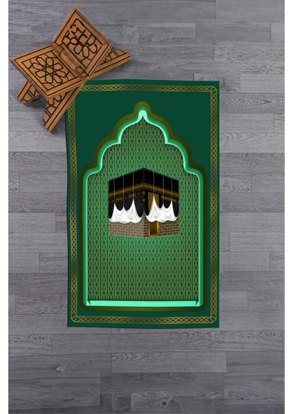 Dijital Baskılı Kabe Motifli Yıkanabilir Motifli 70X130 Namazlık Seccade, Seccade-04-Yeşil,