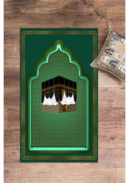 Dijital Baskılı Kabe Motifli Yıkanabilir Motifli 70X130 Namazlık Seccade, Seccade-04-Yeşil,