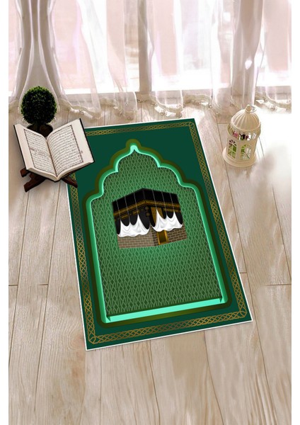Dijital Baskılı Kabe Motifli Yıkanabilir Motifli 70X130 Namazlık Seccade, Seccade-04-Yeşil,