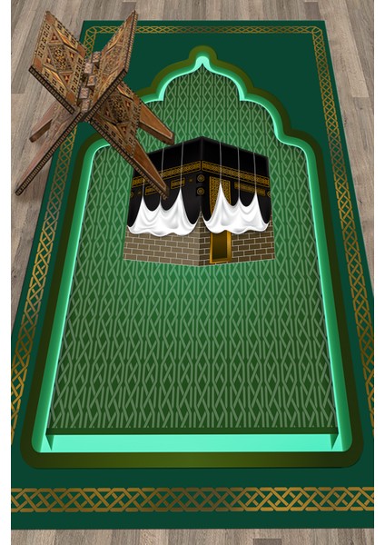 Dijital Baskılı Kabe Motifli Yıkanabilir Motifli 70X130 Namazlık Seccade, Seccade-04-Yeşil,