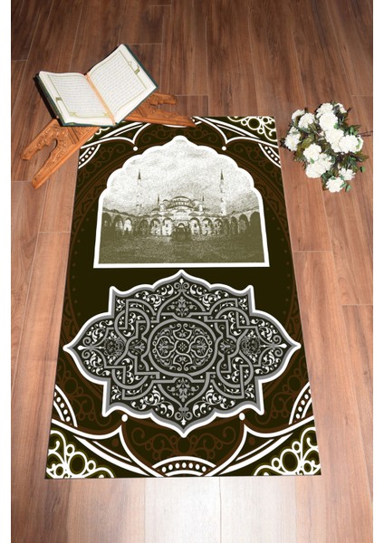 Dijital Baskılı Yıkanabilir Camii Motifli Hediyelik Namazlık Seccade 70X130, Seccade-35-Kahve,