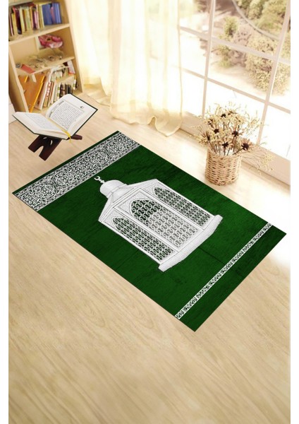Dijital Baskılı Yıkanabilir Hediyelik Şık Namaz Halısı Seccade 70X130CM, Seccade-42-Yeşil,