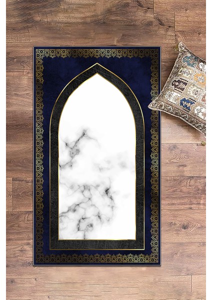 Dijital Baskılı Kaymaz Taban Yıkanabilir Modern Namazlık Seccade 70X130, Seccade-20-Lacivert,