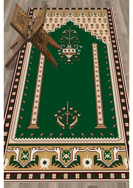 Dijital Baskılı Yıkanabilir Klasik Motifli Namazlık Seccade 70X130, Seccade-31-Yeşil,