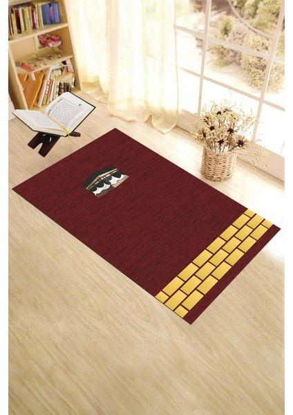 Dijital Baskılı Yıkanabilir Kabe Motifli Hediyelik Namaz Halısı Seccade 70X130, Seccade-45-Kırmızı,
