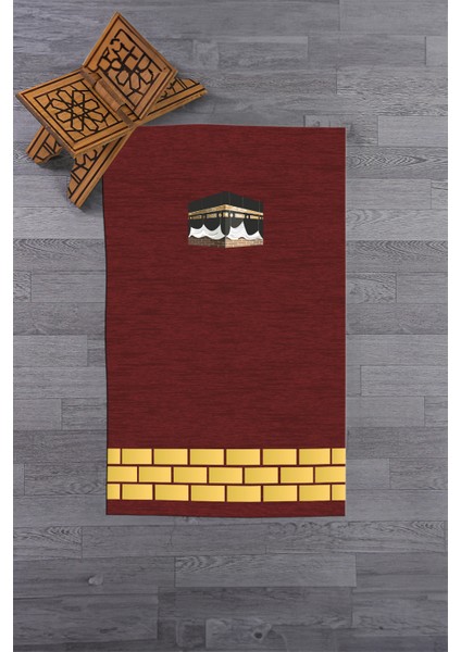 Dijital Baskılı Yıkanabilir Kabe Motifli Hediyelik Namaz Halısı Seccade 70X130, Seccade-45-Kırmızı,