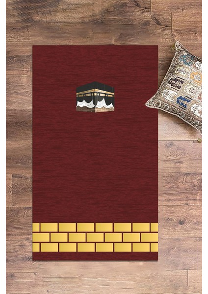 Dijital Baskılı Yıkanabilir Kabe Motifli Hediyelik Namaz Halısı Seccade 70X130, Seccade-45-Kırmızı,