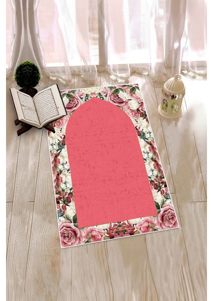 Dijital Baskılı Yıkanabilir Çiçekli Hediyelik Namazlık Seccade 70X130CM, Seccade-24-Pembe,