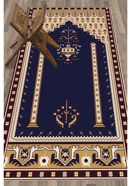 Dijital Baskılı Yıkanabilir Klasik Motifli Namazlık Seccade 70X130, Seccade-31-Lacivert,