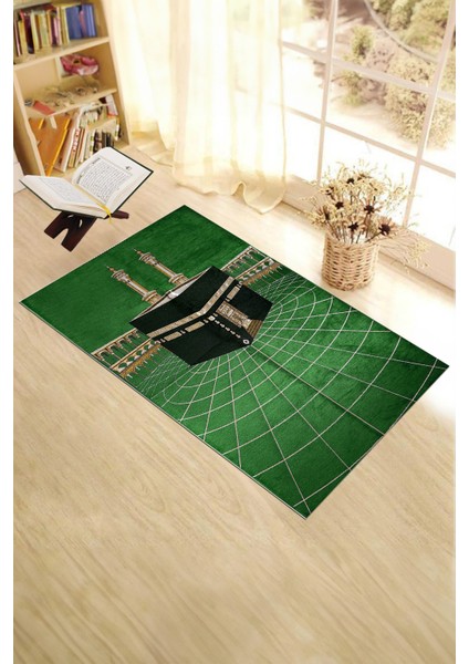 Dijital Baskılı Yıkanabilir Kabe Motifli Şık Tasarım Namaz Halısı Seccade 70X130, Seccade-48-Yeşil,