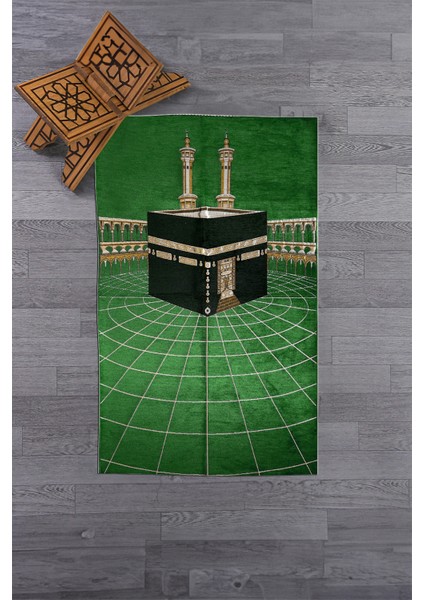 Dijital Baskılı Yıkanabilir Kabe Motifli Şık Tasarım Namaz Halısı Seccade 70X130, Seccade-48-Yeşil,