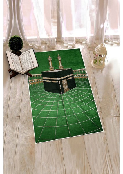 Dijital Baskılı Yıkanabilir Kabe Motifli Şık Tasarım Namaz Halısı Seccade 70X130, Seccade-48-Yeşil,