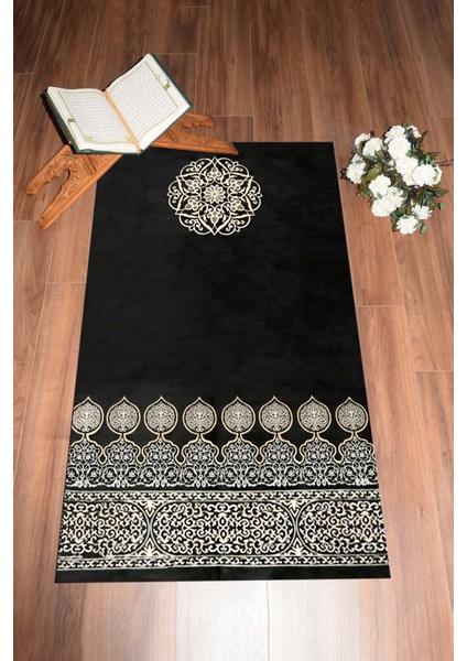 Dijital Baskılı Yıkanabilir Motifli Hediyelik Namaz Halısı Seccade 70X130, Seccade-44-Siyah,