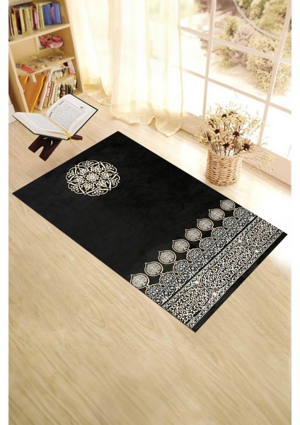Dijital Baskılı Yıkanabilir Motifli Hediyelik Namaz Halısı Seccade 70X130, Seccade-44-Siyah,