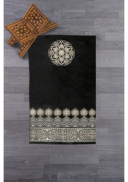 Dijital Baskılı Yıkanabilir Motifli Hediyelik Namaz Halısı Seccade 70X130, Seccade-44-Siyah,