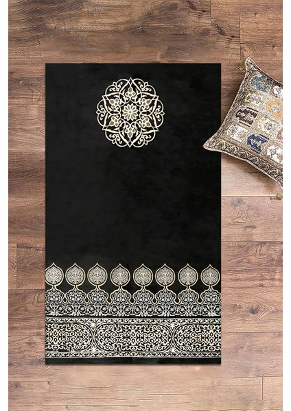 Dijital Baskılı Yıkanabilir Motifli Hediyelik Namaz Halısı Seccade 70X130, Seccade-44-Siyah,
